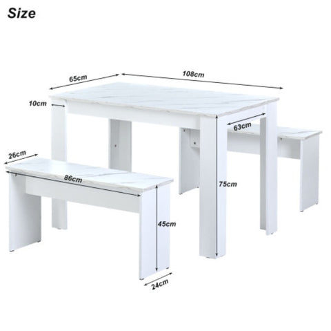 Dining Table With 2 Benches Dining Table Set For Kitchen, Dining Room, Small Space Artificial Marble White