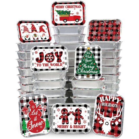 Siawoy 48Pcs Christmas Aluminum Food Containers with Lids 8 Christmas Buffalo Plaid Designs Christmas Treat Containers Christmas Cookie Tins with Lids Disposable Christmas Leftover Containers