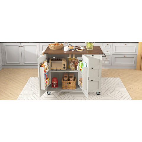 Kitchen Island, Serving Cart With Extendable Worktop, Kitchen Cabinet, Kitchen Trolley, Dining Cart With Wood Grain, Dining Cart With Two Doors And Three Drawers