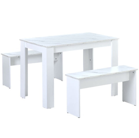 Dining Table With 2 Benches Dining Table Set For Kitchen, Dining Room, Small Space Artificial Marble White